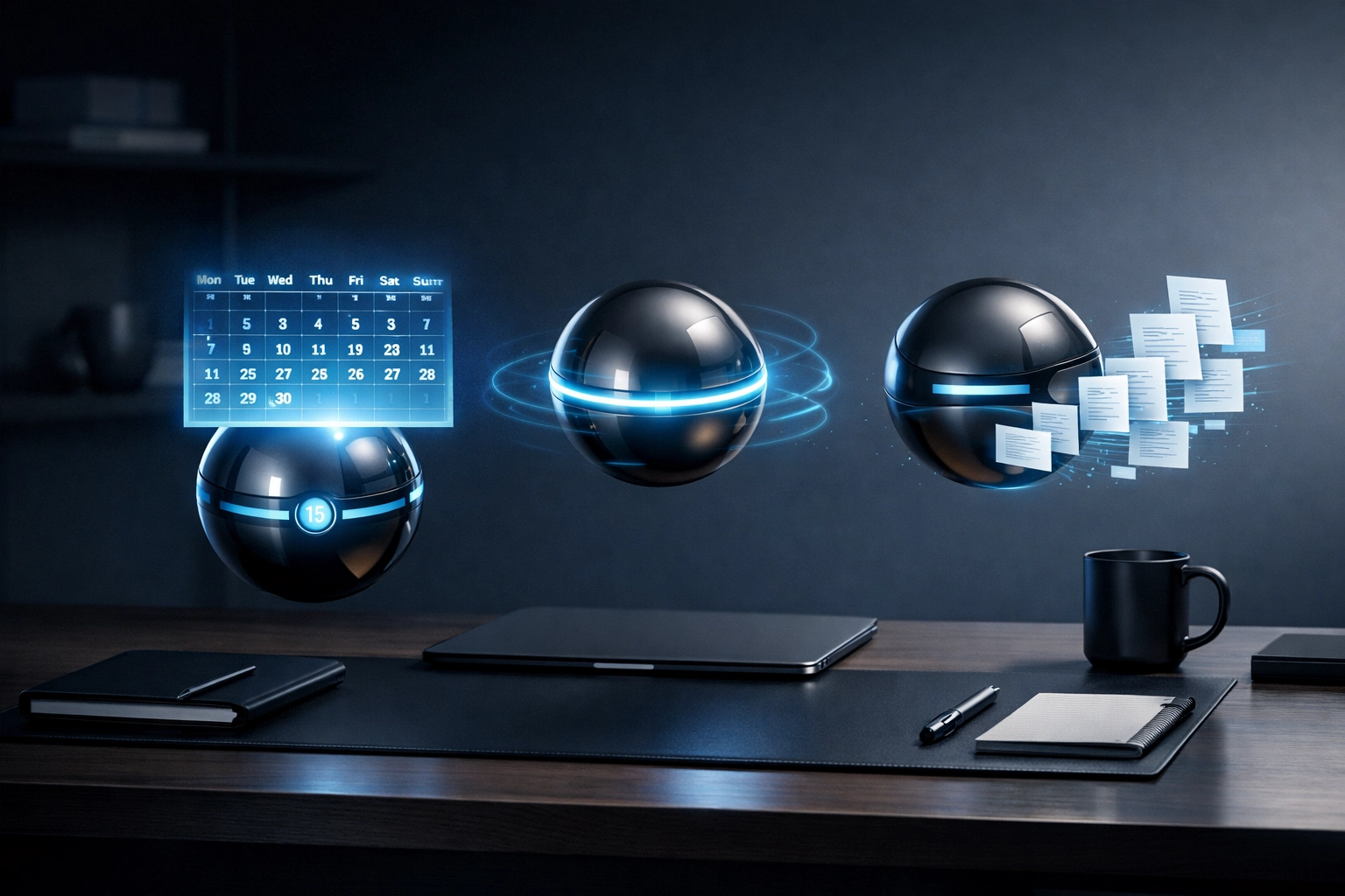 Virtual AI assistants managing administrative tasks and scheduling on a modern executive desk.