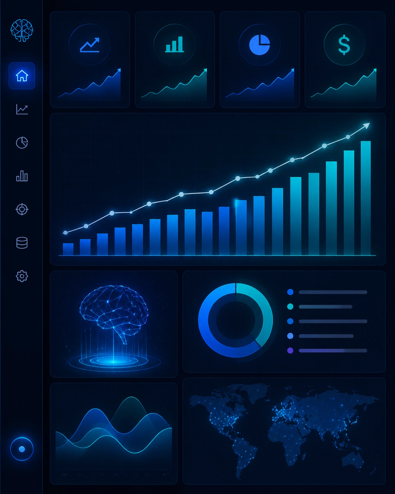A professional data visualization dashboard showing growth and ROI metrics in shades of blue and teal.