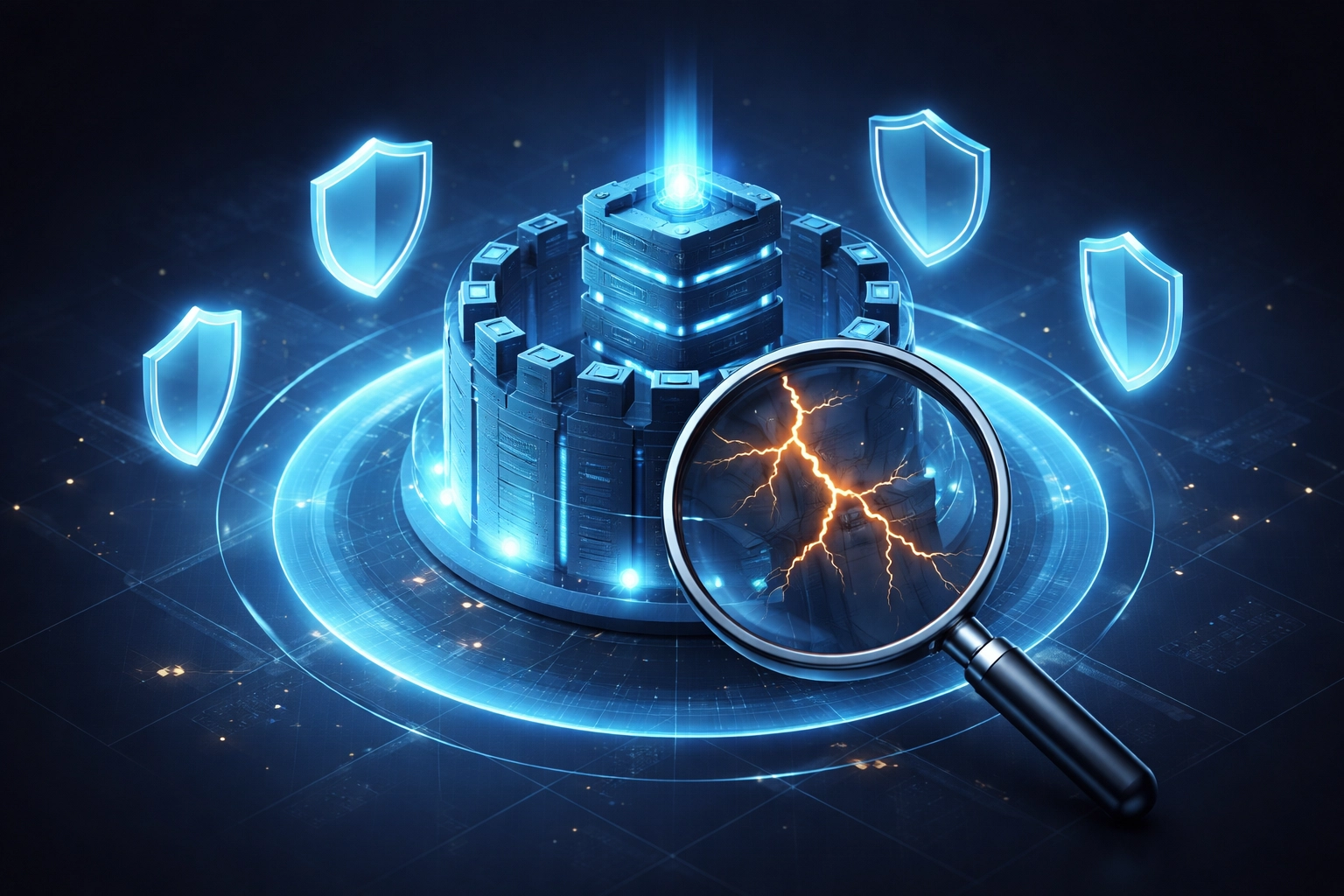Digital fortress surrounded by security shields highlights the importance of risk assessments in cybersecurity insurance.