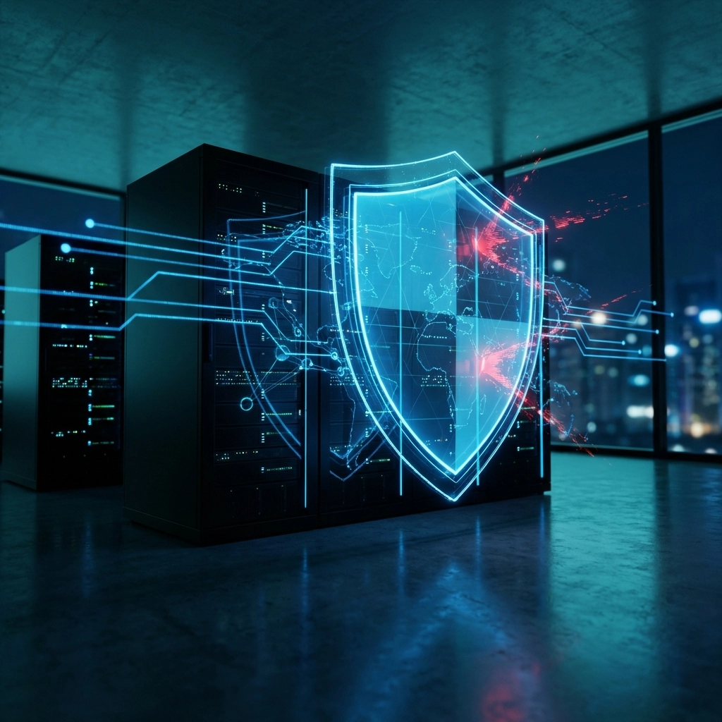 Shield protecting digital network at night, emphasizing cybersecurity and continuous system monitoring for businesses