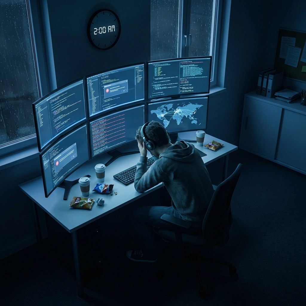 Stressed IT professional surrounded by glowing screens at night, illustrating after-hours tech burnout and downtime